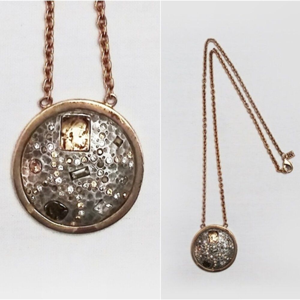 TAT2 DESIGNS Steampunk Hammered Coin Necklace Swarovski Crystal Circle Pendant
